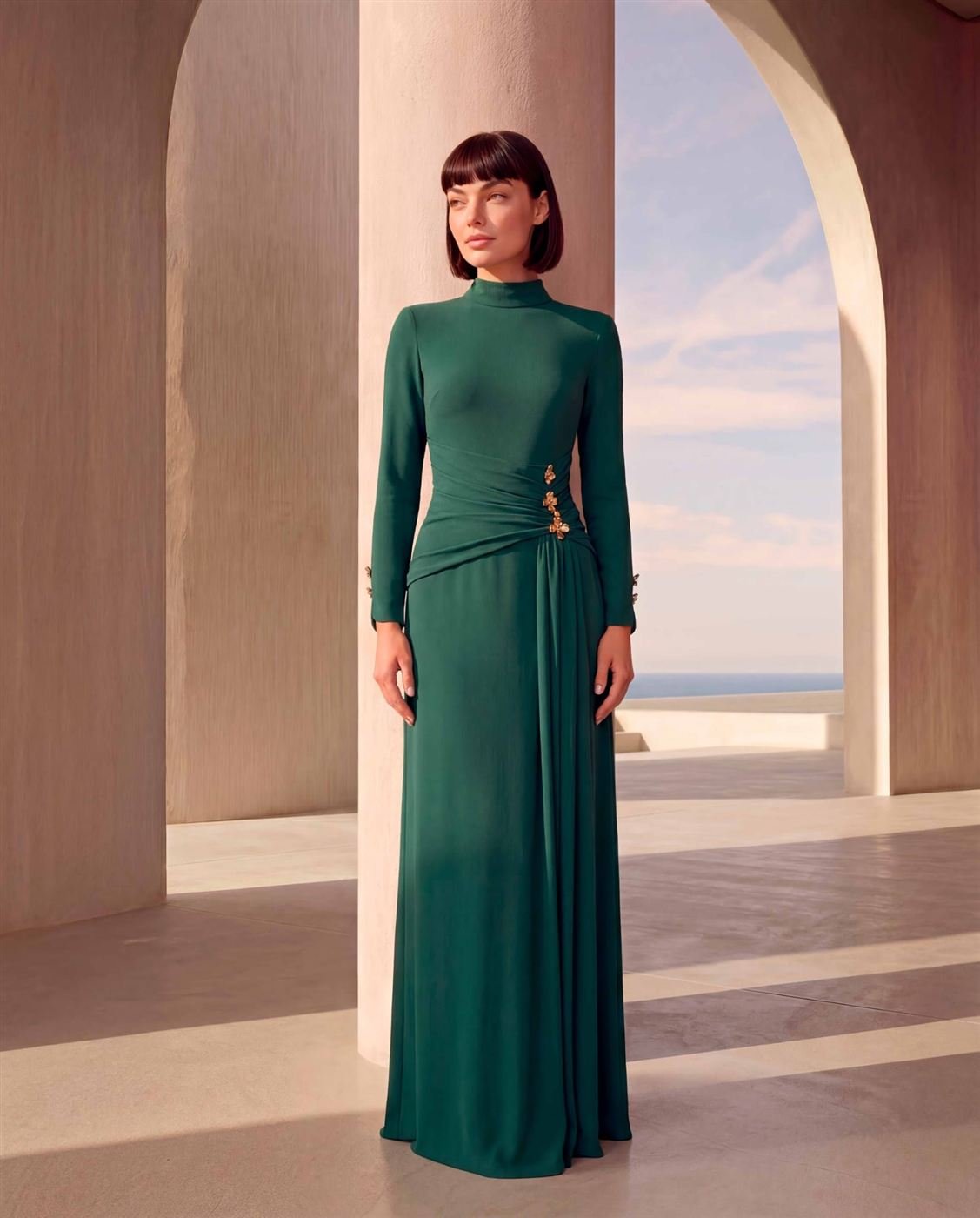 Vestido largo botón flor de Carla Ruiz, colección Calima